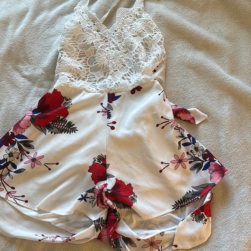 Floral Lace Jumpsuit - White and Red